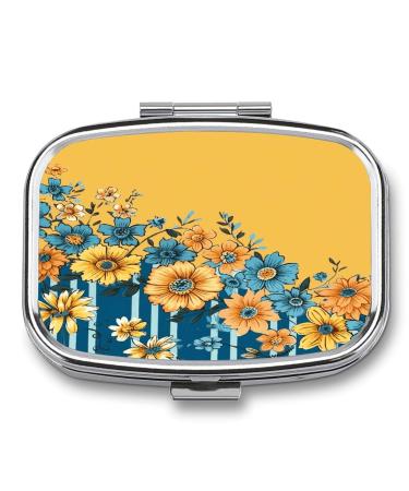 Pill Box Yellow and Blue Floral Print 2 Compartment Medicine Pill Case Pill Organizer Decorative Metal Portable Pill Box for Pocket Or Purse