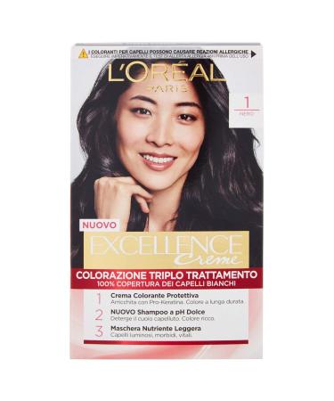 L'Or al Paris Excellence cream color with triple treatment covers white hair for a long -lasting result 1 black 100 g (1 Pack)