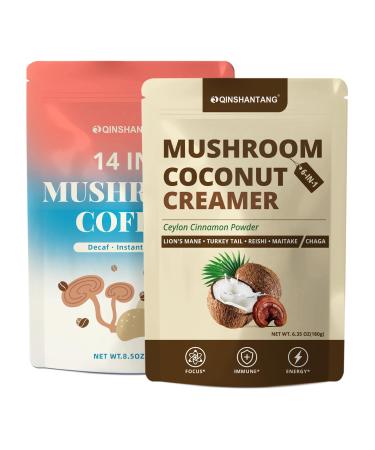 Mushroom Coconut Creamer with Instant Decaf Coffee 14 Mushrooms Ceylon Cinnamon Powder for Energy Foucs Immunity