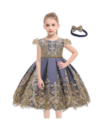 MYRISAM Baby Girl Embroidery Birthday Christening Dress Princess Bowknot Dress Backless Wedding Party Baptism Gown w/Headwear 5-6 Years Navy Blue