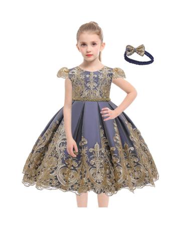 MYRISAM Baby Girl Embroidery Birthday Christening Dress Princess Bowknot Dress Backless Wedding Party Baptism Gown w/Headwear 6-7 Years Navy Blue