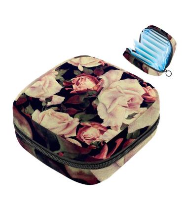 Menstruation pad bag with zipper women's napkin bag tampons collective bags for women and girls (flower pattern with rose watercolor)