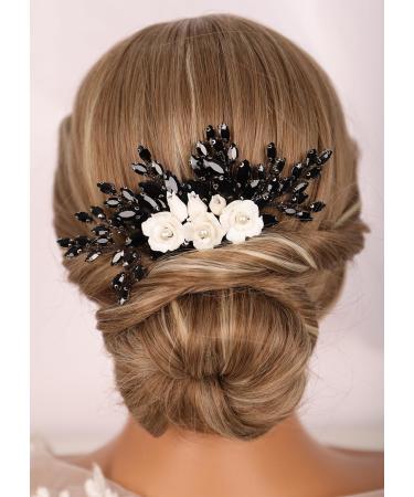 Vintage Black Crystal Beads & White Rose Hair Comb - Wedding Hair Accessories for Brides Women & Girls | Kercisbeauty - Buy Online on GoSupps.com