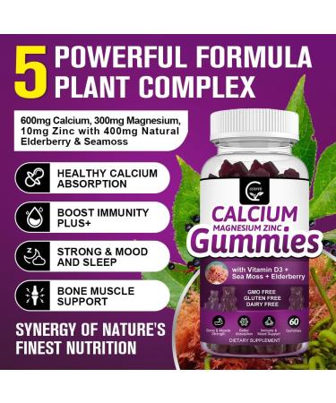 Calcium Magnesium Zinc Gummies with High Absorption Magnesium Glycinate 300mg Potassium - Plant Complex Calcium Magnesium 2:1 Ratio with D3 Sea Moss for Bone Immune & Sleep Support Vegan-2 Pack 60 Count (Pack of 2) - Buy Online on GoSupps.com