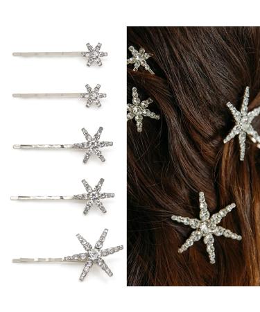 5 PCS Stars Hair Bobby Pins for Women Silver Snowflake Hair Clip Crystal Rhinestones Hair Accessories for Holiday Wedding Birthday Bridal Prom Hairpin Silver 5PCS