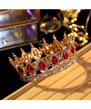 Vintage Royal Queen Teardrop Rhinestone Diadem Tiaras Crown - Gold Red | Wedding Hair Jewelry - Buy Online on GoSupps.com