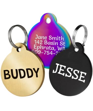 GoTags Personalized Dog Tags in Rainbow Steel, Black Steel or Solid Brass, Custom Engraved Pet Tags for Dogs and Cats. Front and Back Engraving with Fun Fonts. Dog ID and Cat ID Tags - (Pack of 1)