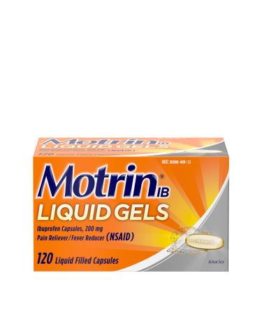 Motrin IB Liquid Gels with 200mg Ibuprofen per Caplet, Pain Reliever & Fever Reducer for Adults, Relief from Minor Arthritis Pain, Muscle Aches, Headache, Menstrual Cramps & Backache, 120 ct 120 Count (Pack of 1)
