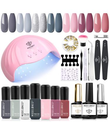 Modelones Gel Nail Kit Gel Nail Polish Kit with 48W LED Light - 7 Widely Worn Color Gel Nail Polish Set, Stater Kit for Gel Manicure Beginner Nail Art Lover, Fashion Packaging for Gift Set A - Grey