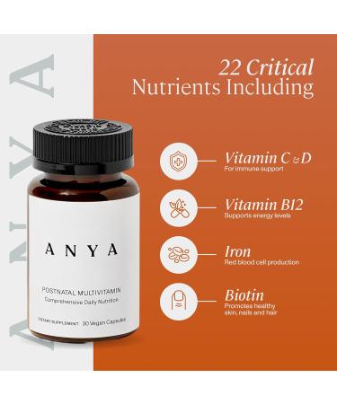 ANYA Postpartum Multivitamin, Postnatal Vitamin for Women Breastfeeding, 30 Capsules - Vitamins A, C, D3, Zinc, B12, Biotin, Folate and Iron - 100% Vegan, Non-GMO, Gluten Free, Baby Shower Gifts - Buy Online on GoSupps.com