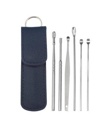 VOCOSTE 6Pcs Stainless Steel Ear Cleansing Tool Set Ear Cleaner Ear Care Set with Faux Leather Packaging Dark Blue