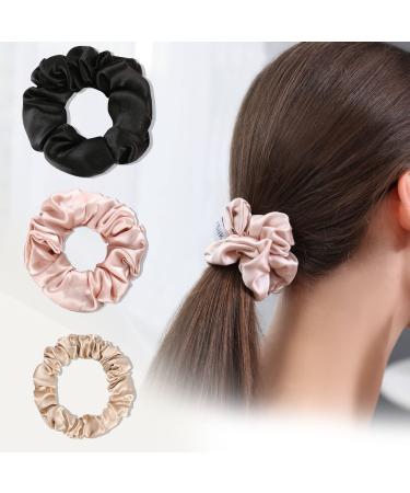 DAISYSILK 22 Momme Mulberry Silk Scrunchies for Hair Sleep 3 pcs Silk Hair Tie for Frizz and Breakage Prevention Thick Silk Scrunchies for Women Cute Girls Without Hair Damage Valentine's Day Gift  Black & Pink & Champag...