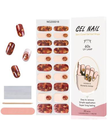 EBANKU Semi Cured Gel Nail Strips 20 Stickers Brown Gold Foil Gel Nail Polish Stickers Wraps Adhesive Gel Nail Stickers with Nail File Stick and Sealing Strip (UV/LED Lamp Required)