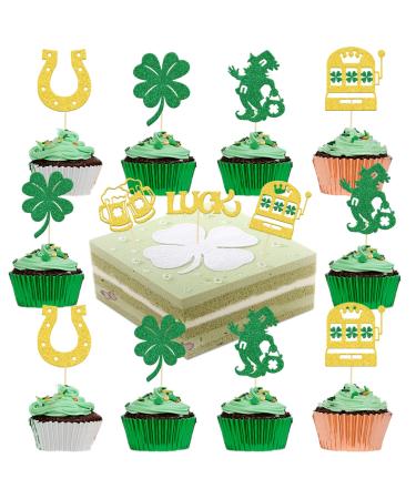 St. Patrick's Day Cupcake Toppers Four Leaf Clover Shamrock Cake Decorations Lucky Themed Birthday Decor Irish Festival Party Decor Supplies Gold Green