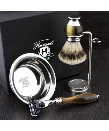 Haryali London Men's Shaving Set 3-edge razor silver badger hair shaving brush shaving stand and shaving bowl