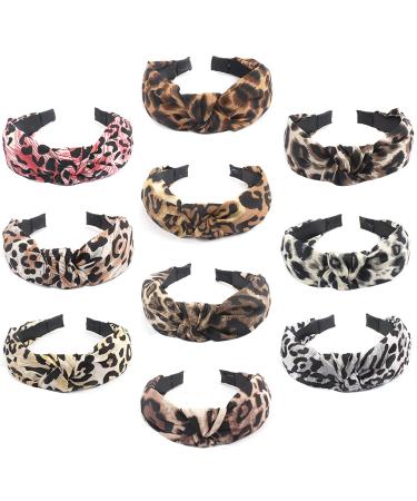 Ondder 10 Pcs Leopard Headbands for Women Cheetah Knotted Headbands Fashion Top Knot Headband for Women Girls Head Bands Leopard Hair Accessories for Women Girls 10 Pack B