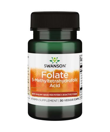 Swanson Folate 5-MTHF 800mcg vitamin B9 30 vegan capsules high dose laboratory testing soybreis gluten-free without genetic engineering folic acid