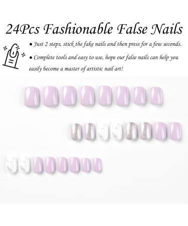 24Pcs Purple White Glitter False Nails - Short Squoval Press On Nails with Glue for Women & Girls - Buy Online on GoSupps.com