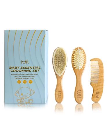 tulit Baby Hair Brush and Comb Grooming Kit   Baby Brush - Cradle Cap Brush for Newborns   All Natural Baby Brush Set for Newborns with Beechwood  Soft Goat Hair and Bamboo Bristle (Oval  Natural) oval Natural