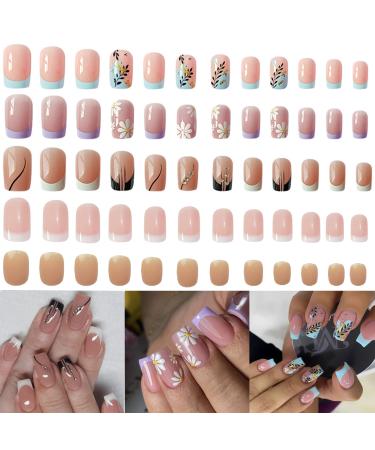 Bellelfin 5 Set Press on Nails Medium Square and Short Round Fake Nails  Nude Color French Design Flower Leaves Strip Glue on False Nails 10 Sizes  120pcs for Women and Girls Medium Sqaure French Tips