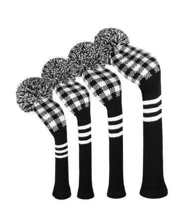 Scott Edward Knitted Golf Head Covers 4PCS Handmade Fit Well for Driver and Fairway Woods with Long Neck Pom Pom Golf Club Headcovers Set Black White Gingham