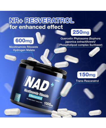 NAD+ Supplement-Liposomal Nicotinamide Riboside Resveratrol 1000mg Pure Organic Supplement for Healthy Aging Brain Cellular Energy 80 Capsules - Buy Online on GoSupps.com