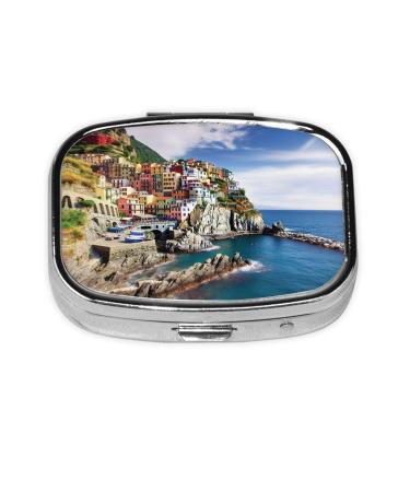 Cinque Terre Scenery Printing 2 Compartment Small Pill Case Cute Small Pill Box Purse Pill Boxs Travel Pill Organizer for Pocket Purse and Travel Gifts