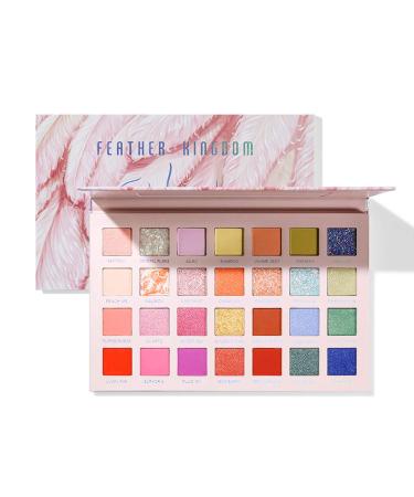 Pudaier 28-colors Colorful Feather Eyeshadow High Pigmented Palette Shimmer Glitter Pressed Pearl Eyeshadow Makeup Set Metallic Neutral Dramatic Smooth Blendable Long Lasting Eyes Shadow Make Up Pallet Set