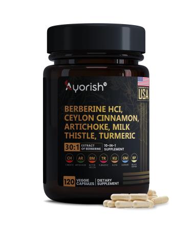 Ayorish Berberine Supplement High Strength 7500mg Equivalent Berberine with Ceylon Cinnamon Milk Thistle & Turmeric 120 Vegan Capsules Non-GMO USA Formulated