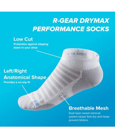 R-Gear Drymax Low Cut Running Socks 3 Pack - Men and Women | Breathable Moisture Control, Anti-Blister | White, Medium Cushion Large - Buy Online on GoSupps.com