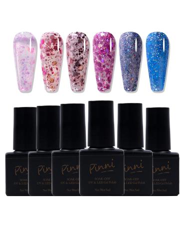 6 Colors Glitter Series Gel Nail Polish Kit-Glitter Sparkle Pink Blue Light Grey- Soak-Off UV/LED Nail Polish Gel for Home Salon DIY Nail Art 5ML