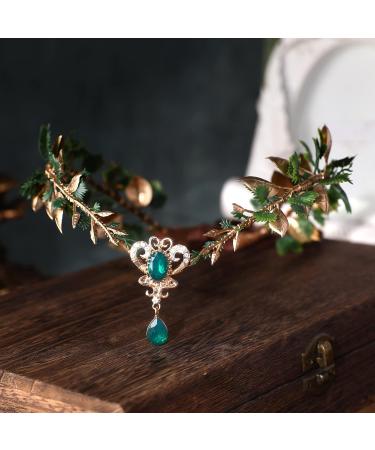 MOSTORY Gold Elf Leaves Circlet for Women Green Crystal V-shape Crown for Womens Woodland Fairy Floral Headpiece for Wedding Birthday Party Queen Cosplay Hair Accessory Halloween Renaissance - Buy Online on GoSupps.com