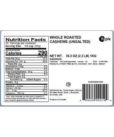 Yupik Unsalted Whole Roasted Cashews 2.2 lb - 35.2 oz (Pack of 1) - Buy Online on GoSupps.com