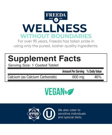 Freeda Calcium Carbonate 600 mg 100 Tablets | High-Potency Daily Calcium Supplement | Vegan Allergen-Free Clean Label | Made in USA GMP Facility Third-Party Tested - Buy Online on GoSupps.com