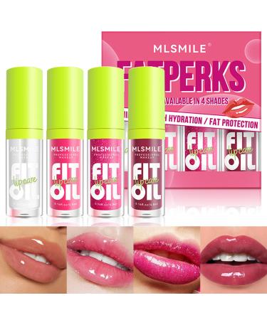 4 Colors Lip Oil Lip Glaze Big Brush Head Hydrating Lip Glow Oil Transparent Toot Tinted Nourishing Repairing Lightening Lip Lines & Long Lasting Fresh Clear Smooth Lip Care (Set A)
