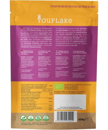  YouFlake YouFlake Organic Cold-Pressed Oat Flakes with 3 Berries and Cherries | 6 x 320g | Cereal Mix with Oat Flakes Fruit and Berries - Buy Online on GoSupps.com