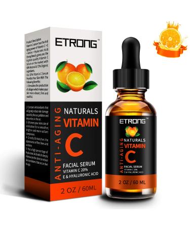 ETRONG 60 ml vitamin C serum for faceneckeyes 5 times more effective antiaging serum with 20 VitC reduces wrinkles and lines 100 vegan recommended by dermatologists 60 ml 60 ml 1er Pack