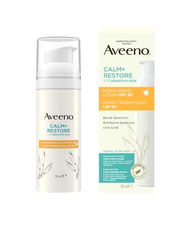 Aveeno Aveeno CALM+RESTORE Oat Day Cream SPF 50 (50 ml) broad spectrum UVA/UVB soothes sensitive skin long-lasting hydration high sun protection fragrance-free