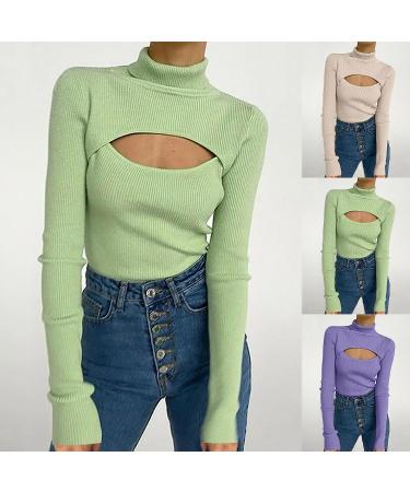 Women's Solid Color Turtleneck Sweater - Slim Fit Long Sleeve Knitted Pullover in Medium Green - Buy Online on GoSupps.com