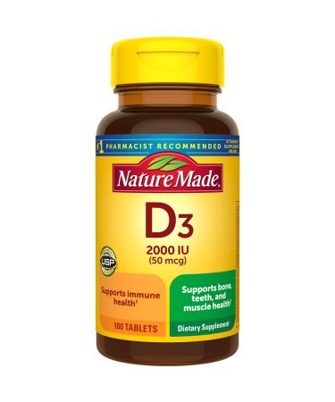 Nature Made Vitamin D3 2000 IU (50 mcg), Dietary Supplement for Bone, Teeth, Muscle and Immune Health Support, 100 Tablets, 100 Day Supply 100 Count (Pack of 1)