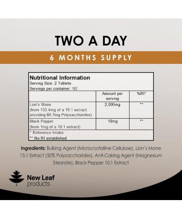 Lions Mane Mushroom 2000mg High Strength Vegan Tablets | 365 Count | With Black Pepper | Made in UK | New Leaf Products - Buy Online on GoSupps.com