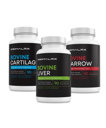 PRIMALRX Trio Grass-Fed Beef Liver Bovine Cartilage & Bone Marrow Capsules: Freeze-Dried Whole-Food Organ Supplement Type II Collagen Joint Support Nutrient-Dense Ancestral Nutrition (3 x 90caps)