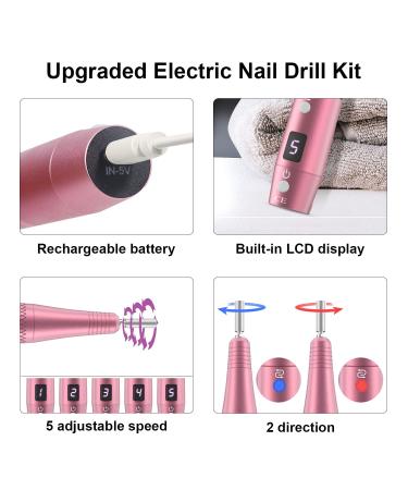 PELCAS Cordless Electric Nail Drill Kit - 20000RPM, 5 Speeds, LCD Display, 11 Attachments - Pink - Buy Online on GoSupps.com