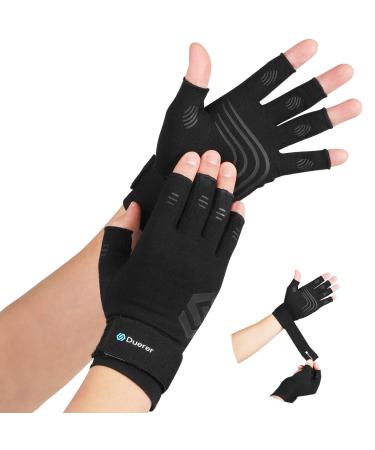 Duerer Arthritis Compression Gloves with Straps, Women Men for RSI, Carpal Tunnel, Rheumatoid, Tendonitis, Hand Pain, Hand Support. Fingerless Gloves for Computer Typing and Daily work (Black, M) Medium (1 Pair)