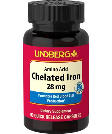 Chelated Iron Supplement | 28mg | 90 Capsules | Amino Acid | Non-GMO Gluten Free | by Lindberg