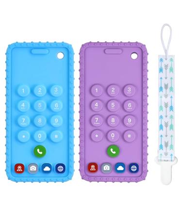 Teething Toys for Babies 0-6 Months  Teething Toys for Babies 6-12 Months Phone Teether for Baby Cellphone Shape Chew Toys for Toddler Boys and Girls(Blue+Purple)