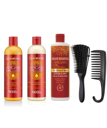 Shampoo and Conditioner Set Bundle-5 Items| Creme of Nature Argan Oil Sulfate Free Moisture Shampoo 12oz Intensive Conditioning Treatment 12oz Moisture & Shine Curl Activator Creme 12oz Unibeauties Detangling Brush & Detangling Hanging Shower Comb