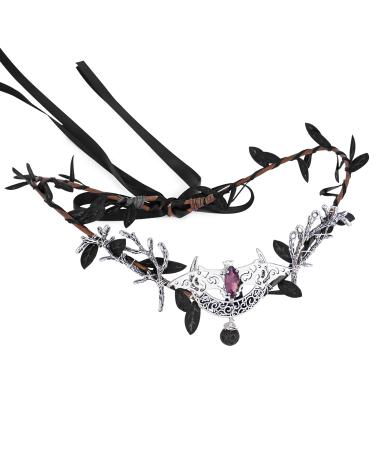 MOSTORY Handmade Elf Silver Moon Crown Fairy Bat Wings Headpiece Woodland Black Leaf Headband Fairy Princess Cosplay Costume Accessory Renaissance Carnival Festival Party Prom Silver Black
