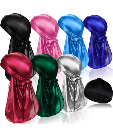 7 PCS Silky Durags with Long Tail and 1 Satin Wave Cap  Do Rags for Men 360 Waves Multicolour