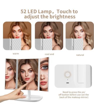 Trifold Makeup Mirror with Lights - 3 Color Modes, 52 LED, 1X 2X 3X Magnification - Touch Control, Dual Power Supply - Portable Vanity Mirror - Buy Online on GoSupps.com